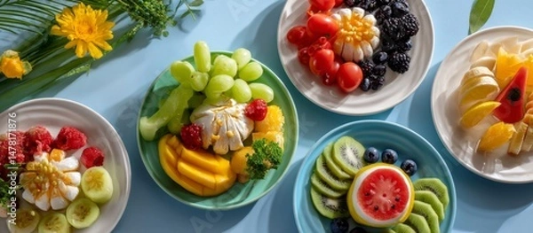 Obraz Colorful Display of Fresh Fruits and Vegetables on Vibrant Plates