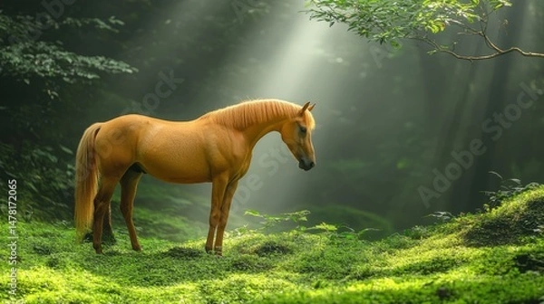 Fototapeta Golden Horse in Enchanted Forest: A majestic golden horse stands serene amidst a mystical forest, bathed in ethereal sunlight filtering through the lush canopy, invoking a sense of peace and wonder.
