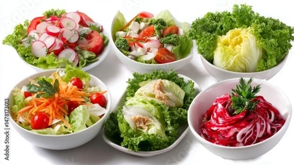 Obraz Fresh and Colorful Salad Bowls with Various Vegetables and Greens