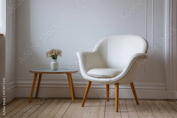 Fototapeta Modern White Chair and Side Table in a Bright Room