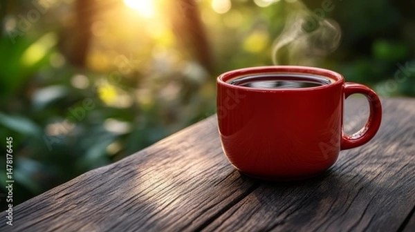 Fototapeta Morning Coffee in the Garden: A steaming cup of coffee rests on a rustic wooden table, bathed in the warm glow of sunrise, with a lush green garden backdrop.