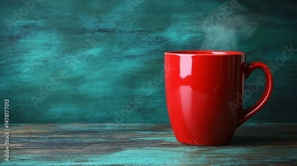 Fototapeta Steaming Red Cup: A vibrant red mug, filled with a hot beverage, emits a gentle stream of steam against a backdrop of rustic, textured wood and teal ambiance.