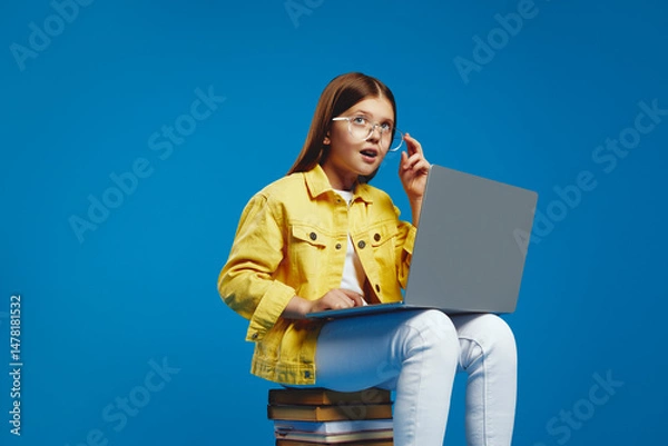 Obraz Astonished girl with glasses and a yellow jacket engrossed in using a laptop, seated on a stack of books, capturing a sense of curiosity and learning. Ideal for educational content