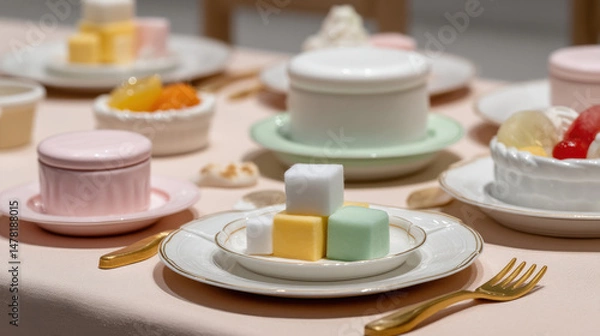 Fototapeta whimsical display of colorful childrens desserts featuring mini cakes cupcakes and fruit salads styled in essence