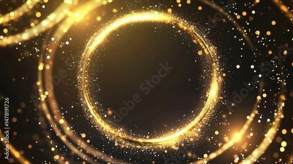 Fototapeta Glowing golden circle frame with sparkles on black background.