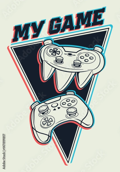 Obraz Gamepad poster with text My game. Linear illustration game pad on triangle background. Video game. Gaming tee design
