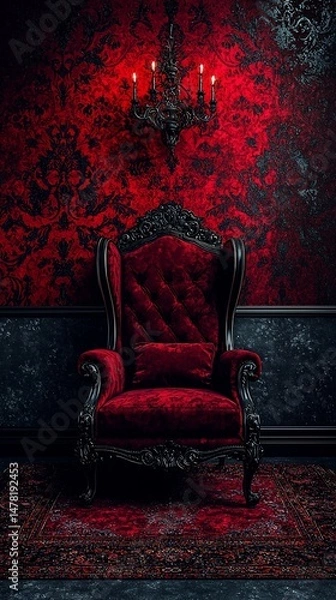 Fototapeta Dark, ornate red throne chair in gothic style room