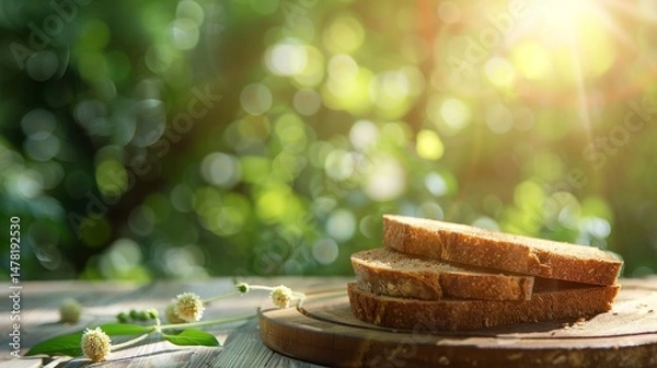 Fototapeta A table with a bunch of bread and herbs on it