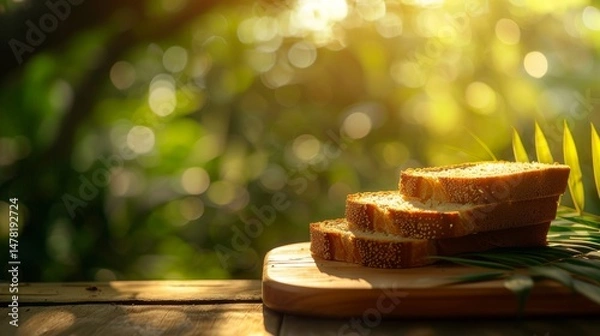 Fototapeta A table with a bunch of bread and herbs on it