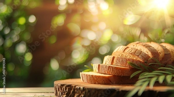 Fototapeta A table with a bunch of bread and herbs on it
