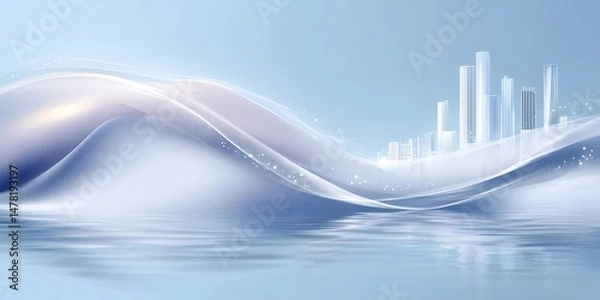 Fototapeta Abstract Skyline with Water Reflection on Light Blue Background Depicting Futuristic Urban Landscape with Geometric Shapes Clean Design Modern Architecture