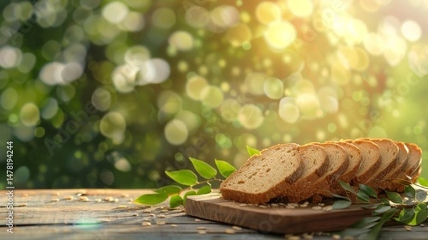 Fototapeta A table with a bunch of bread and herbs on it