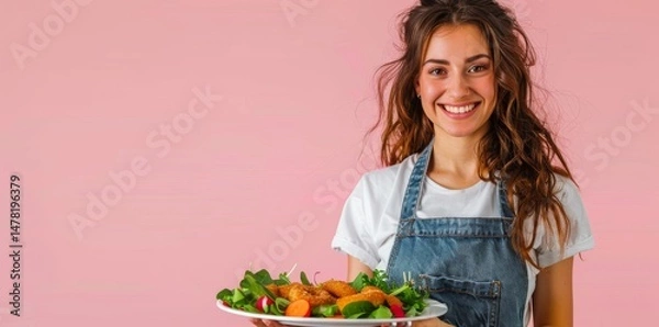 Fototapeta Attractive blonde woman baker holding carton box with cakes, looking smiling at camera and showing thumb up, delicious dessert for delivery. Indoor studio shot isolated on pink background