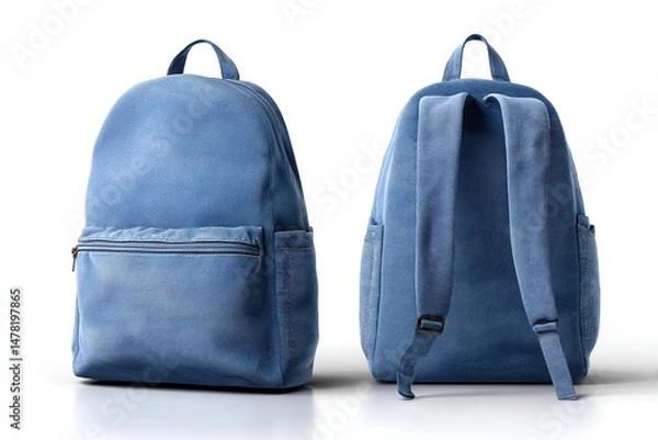 Fototapeta Two views of a light blue backpack featuring pockets, straps, and light background.