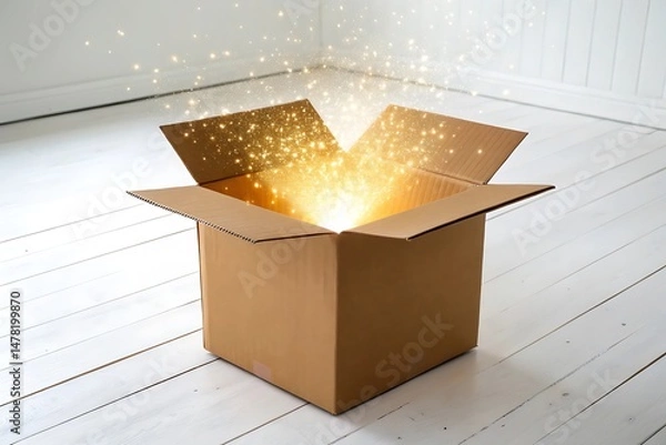 Fototapeta Open Cardboard Box with Magical Golden Light and Sparkle Effect on White Wooden Floor
