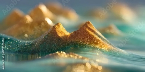 Fototapeta Abstract Golden Mountains and Turquoise Water Landscape With Bokeh Effect Creates a Dreamy Tranquil Scenery for Background Design Art and Decoration