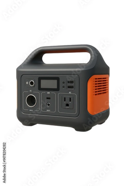 Fototapeta Portable black and orange power station with multiple charging ports and digital display, isolated on white background