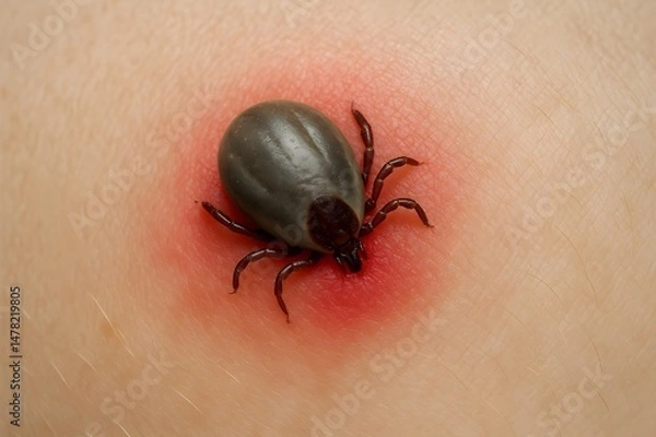 Fototapeta Close-up of engorged tick embedded in human skin with red swollen inflammation. Tick bite on human skin, potential disease carrier. Tick parasite burrowed into skin. Lyme disease. 