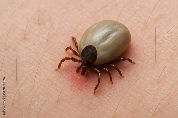 Fototapeta Close-up of engorged tick embedded in human skin with red swollen inflammation. Tick bite on human skin, potential disease carrier. Tick parasite burrowed into skin. Lyme disease. 