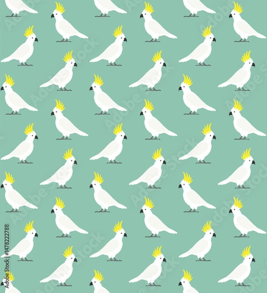 Fototapeta Vector seamless pattern of flat hand drawn cockatoo parrot isolated on green background