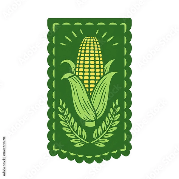 Fototapeta Green label featuring corn on the cob with leaves and rays of light