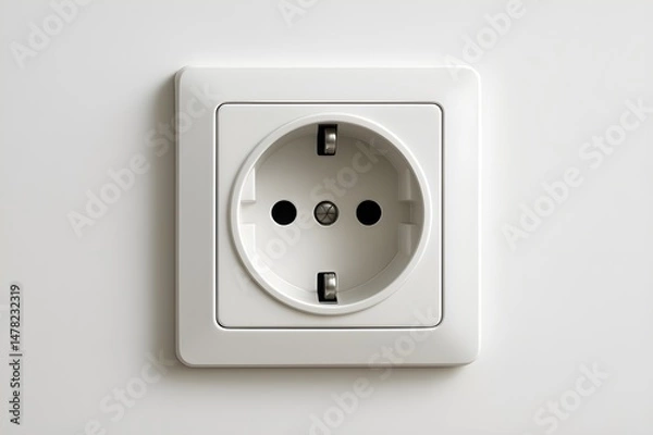 Obraz European power outlet on a white wall, type C or F socket. Close-up of an electric socket on a smooth white wall, euro type power outlet. Europlug socket. Electric. Power. Electricity