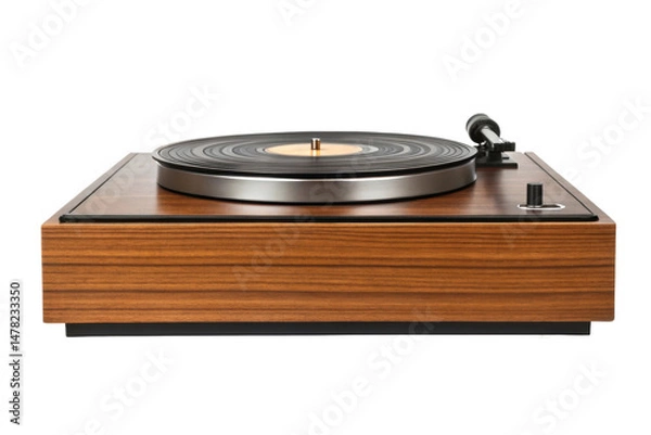 Fototapeta PNG Vintage wooden turntable with vinyl record and classic design