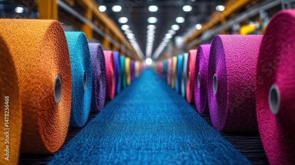 Fototapeta Colorful spools of thread in a textile factory setting