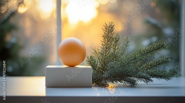 Fototapeta Decorative orange sphere and green pine branch on wooden surface with soft sunrise lighting