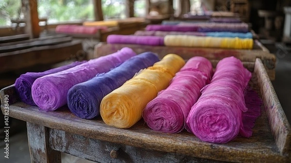 Fototapeta Vibrant rolled textiles in natural light with untouched rustic background