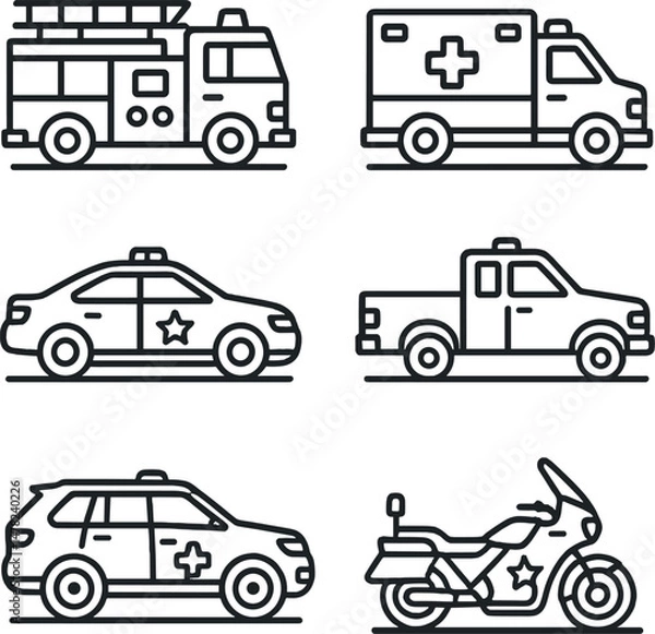 Fototapeta Emergency vehicles icons set – line, rescue and response symbols for quick recognition