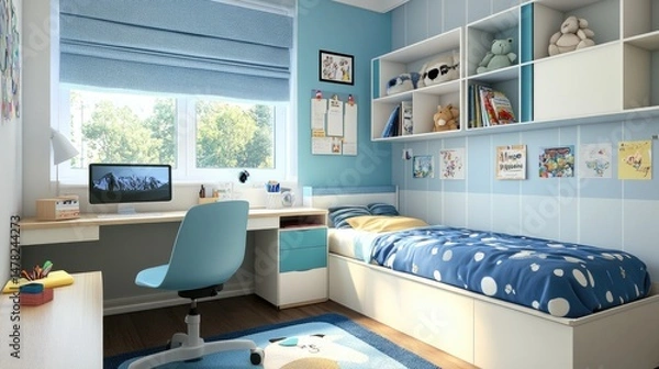 Fototapeta Stylish Children'S Room In Blue Tones. Workspace With Computer, Bed, Shelves With Toys. Interior Design.