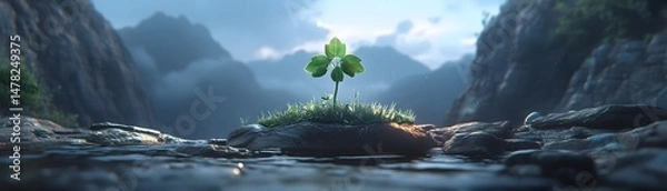 Fototapeta A secluded mountain stream scene with a tiny clover.