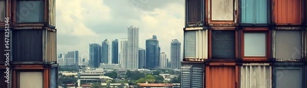 Fototapeta Modern cityscape seen through unique modular structure