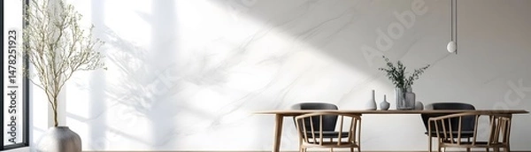 Fototapeta Sunlight streams into a modern dining space.