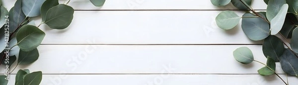 Obraz Delicate eucalyptus sprigs on a white wooden surface