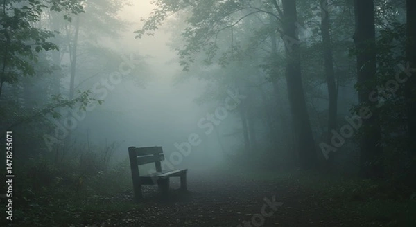 Fototapeta Bench in a Foggy Forest