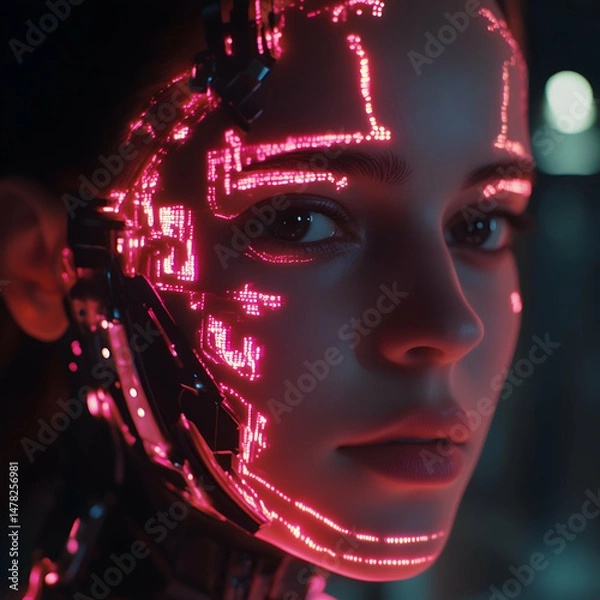 Fototapeta Close-up of a woman with glowing cybernetic face enhancements