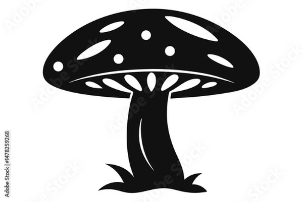 Fototapeta Silhouette Illustration Large Cap Mushroom With Spots and Gills on Short Grass