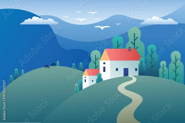 Obraz Beautiful landscape of a green valley with hills, trees and bushes. Country house near the river. Blue sky and clouds.