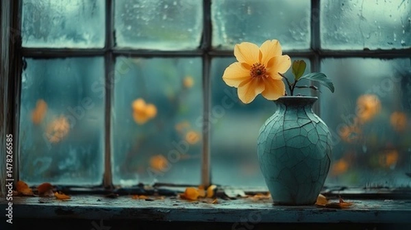 Fototapeta Yellow flower in a vase by a window