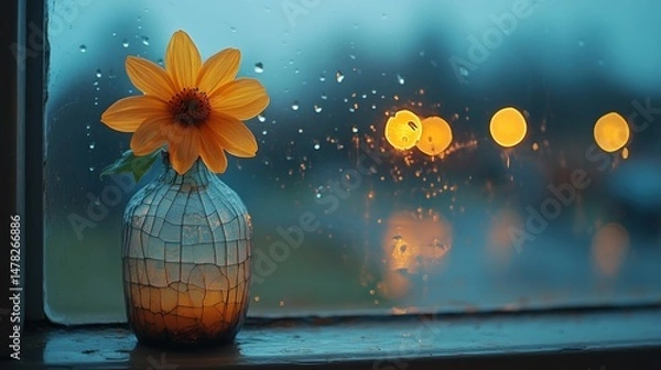 Fototapeta A single vibrant yellow flower in a textured vase sits on a windowsill, bathed in the soft light of a rainy evening