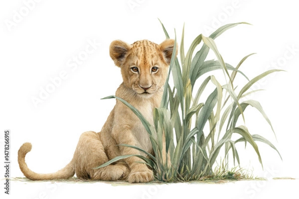 Fototapeta PNG Adorable lion cub sitting in tall grass