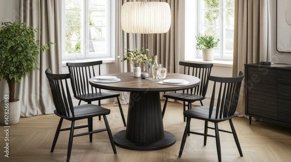 Fototapeta Modern dining room scene with a round table and chairs.