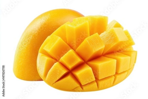 Fototapeta Ripe mango is cut in half, revealing its juicy yellow flesh neatly diced into perfect cubes. The smooth surface gleams under bright light, emphasizing its freshness and sweetness.