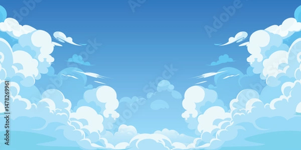 Obraz Sky with Clouds illustration in flat style. Sky and clouds background. Cloudy vector cartoon illustration in blue color. 