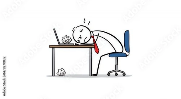 Fototapeta Stickman Businessman Exhausted Slumped Over Desk Clutching Documents on White Background