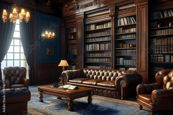 Fototapeta Library of Wisdom: Immerse yourself in the opulent ambiance of a classic library, where rows of leather-bound books line towering shelves, inviting exploration and intellectual pursuit. Plush seating.