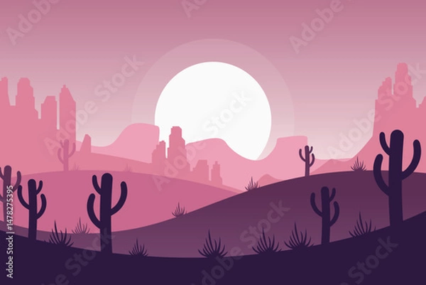 Obraz Sunset background. Silhouettes of tall palm trees against the backdrop of hills and mountains in the rays of a beautiful summer sunset. Natural landscape