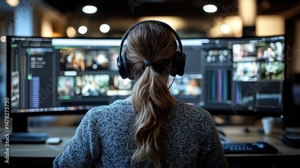 Fototapeta Focused editor working on large screens
